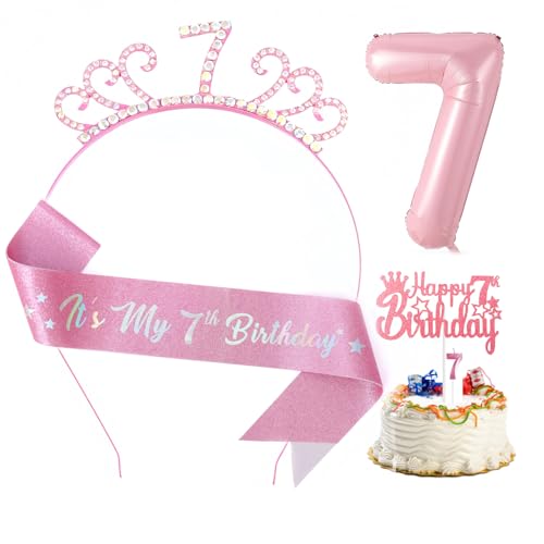 Pinkes Dekorationsset zum 7. Geburtstag für Mädchen, Geburtstagsschärpe und Strasskrone, Kerze, Tortenaufsatz, Folienballon für Mädchen, Geschenk, Party-Dekoration, Zubehör (Rosa 7. Geburtstag) von Dimetey