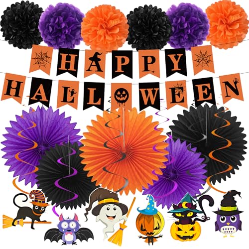 18 Stück Halloween-Party-Dekorationen für den Innenbereich, Happy Halloween-Banner, schwarz, lila und orange, Papierfächer, hängende Wirbel, Luftschlangen, Pompons für Zuhause, Sommer, Oktober von Dimhut
