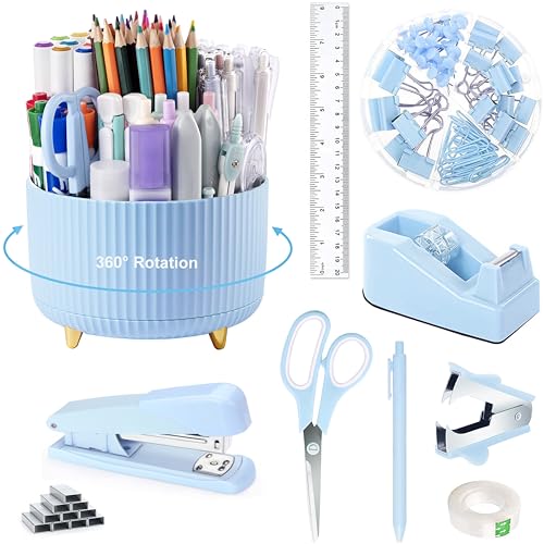 Blaues Schreibtischzubehör, Bürobedarf, 360°-Stifthalter, Schreibtisch-Organizer und Zubehör mit Klebebandspender, Hefter, Heftklammerentferner, 1000 Heftklammern, Klebeband, Clips Set, Lineal, von Dimonluce