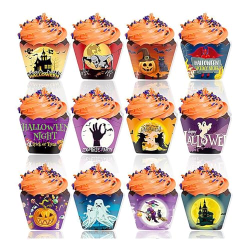 Halloween Cupcake Liner - 12pcs Thema Muffin Backbecher für gruselige Treats, Kuchen Dekorieren Wraps | Halloween Party liefert Papierhalter für Hochzeit Geburtstagsfeier Desserttisch Dekoration von Dinchaakuarry