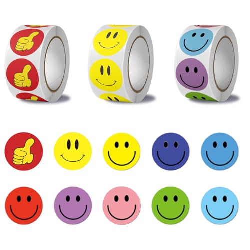 3 Rollen 1500 Stück Smiley Aufkleber, Smiley Sticker Runde 2,5cm, Lehrer Belohnungssticker für Belohnungsaufkleber, Geschenkdekorationen, Partydekorationen, Emoji Sticker von DingYaMaoYi