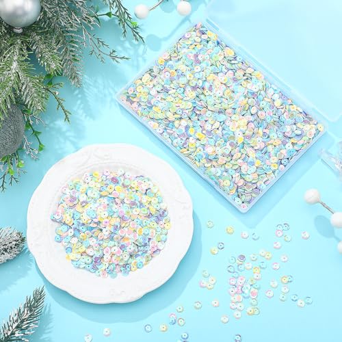 Dingion 40.000 Stück große Pailletten für Bastelurlaub, 6 mm, lose Pailletten für Schmuckherstellung, mit Kunststoffbox, 160 g (Pastellfarben) von Dingion