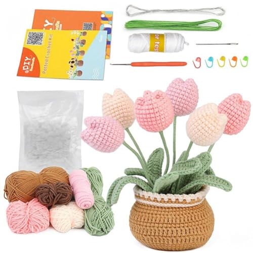 Häkelblumen-Set Für Anfänger, Einfaches Strickzubehör-Set Anleitung, Blumenstrauß Im Topf, DIY-häkelsets von Dinntty