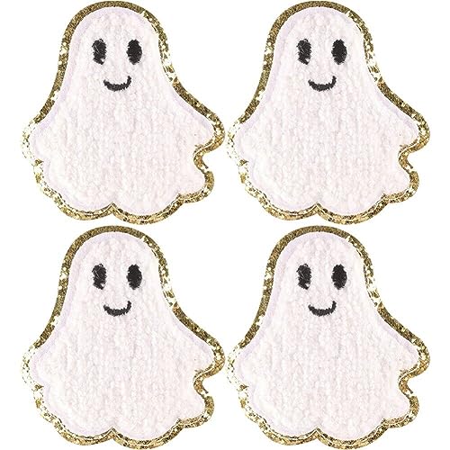 Halloween-Kürbis-Geist-Aufnäher 4 Stück Goldrand Chenille zum Aufbügeln Stickerei Aufnäher für Kleidung Taschen Kappen Basteln von Dinntty