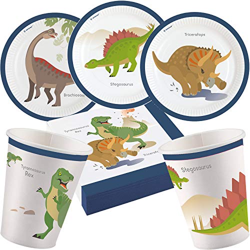 37-teiliges Party-Set * FRÖHLICHE Dinos * für Kindergeburtstag mit Teller + Becher + Servietten + Deko | Saurier Dinosaurier Dino T-Rex Triceratops Kinder Geburtstag Mottoparty Motto von Dino-Party: