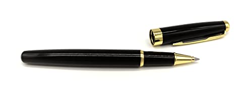 Dinora® Tintenroller – Kugelschreiber – Edelstahl – mittlere Spitze – Blaue Tinte – Eleganten PU-Leder Geschenkbox – Schwarz Gold von Dinora
