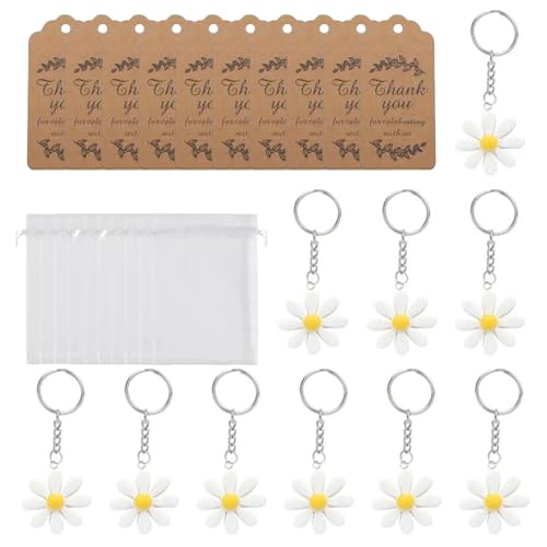 Diogeynu 30-teiliges Gänseblümchen-Schlüsselanhänger-Set mit Dankeskarten und Organza-Beuteln als Wertschätzungsgeschenk, handgefertigtes Geburtstagsgeschenk von Diogeynu