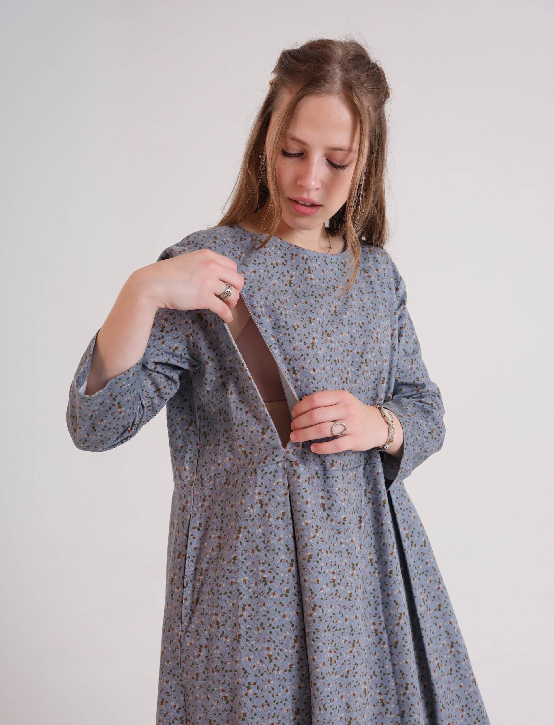 Stillen Blau Midi Outfit, Freundlich, Versteckte Reißverschlüsse, Umstandsmode, Kleid Nach Der Geburt, Stillkleid, Einfacher Zugang, Baumwolle Stillen Blau Midi Outfit, Freundlich, Versteckte Reißverschlüsse, Umstandsmode, Kleid Nach Der Geburt, Stillkleid, Einfacher Zugang, Baumwolle von DioomStore