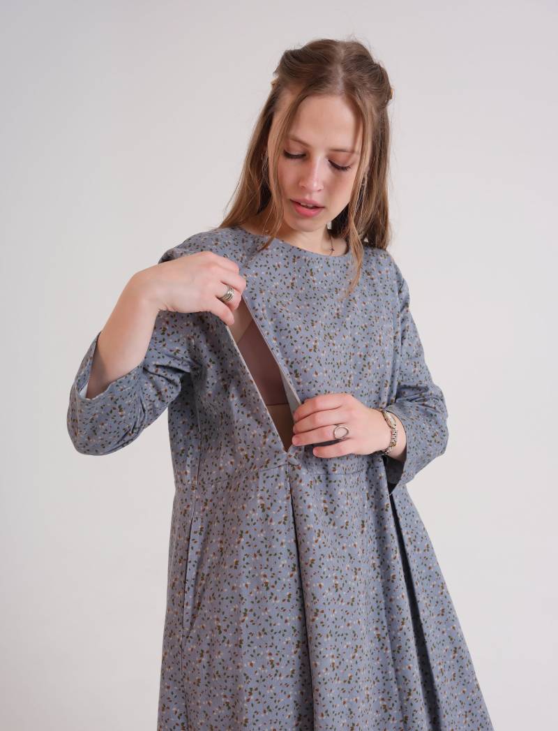 Stillen Blau Midi Outfit, Freundlich, Versteckte Reißverschlüsse, Umstandsmode, Kleid Nach Der Geburt, Stillkleid, Einfacher Zugang, Baumwolle von DioomStore