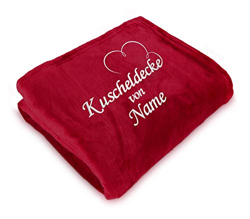 Direkt-Stick.de Kuscheldecke Bestickt mit Namen, 150 x 200 cm, Wohndecke Personalisieren mit Stickerei, Decke selbst gestalten, Romantisches Namensgeschenk mit Herz (rot) von Direkt-Stick.de