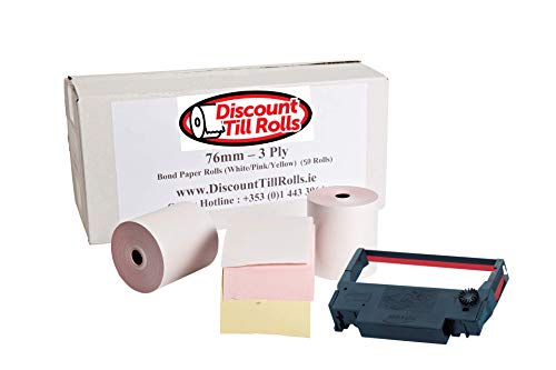 76 x 70 mm, 3-lagig, nicht thermisch (weiß/rosa/gelb), Bond Papierrollen (40 Rollen), 3-lagige dreifache Kassenrollen, 3-lagige Küchen-Druckerrollen. von Discount Till Rolls