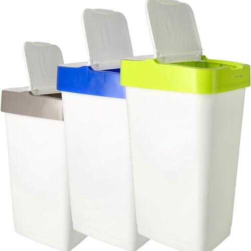 Abfalleimer Set von 3-60L weiß Müll Sortierboxen mit Gelb, Blau, Grau Deckel - Ideal für Abfalltrennung von Discountershop