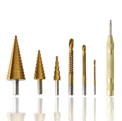 Schrittbohrer Metall Titanium Beschichtet, 7-teilig HSS Treppenbohrer Set, Kegeltreppenbohrer für Metall, Holz & Kunststoff – mit Centerpons und Koffer Schrittbohrer Metall Titanium Beschichtet, 7-teilig HSS Treppenbohrer Set, Kegeltreppenbohrer für Metall, Holz & Kunststoff – mit Centerpons und Koffer von Discountershop