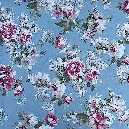 Stoff mit Rosengarten, Blumendesign, Digitaldruck, Baumwolle, Leinen, Vintage-Look, Quilten, Basteln, Projekt, Kissen, Vorhang, Möbel, Polsterstoff, 140 cm breit (pro halber Meter, Enteneiblau) von Discover Lifestyle & Fashion Fabrics
