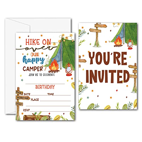 Camping-Geburtstagsparty-Einladungen – Übernachtungsparty Sommer Camp Partyzubehör – Füllen Sie die leeren Geburtstagsparty-Einladungen – 20 Einladungskarten mit 20 Umschlägen – (009A) von Disfuco