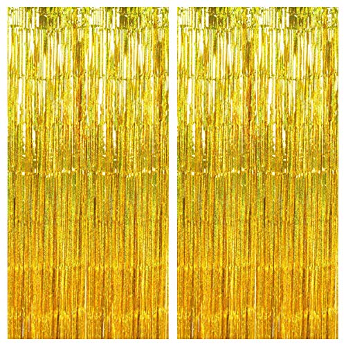Disino 2 STK Gold Folie Fransen Vorhang, 1 x 2 m Laser Metallic Tinsel Vorhänge Hintergrund Lametta Vorhänge, Glitzer Fringe Schimmer Vorhang für Hochzeit Geburtstag Party Tür Fenster Dekorationen von Disino