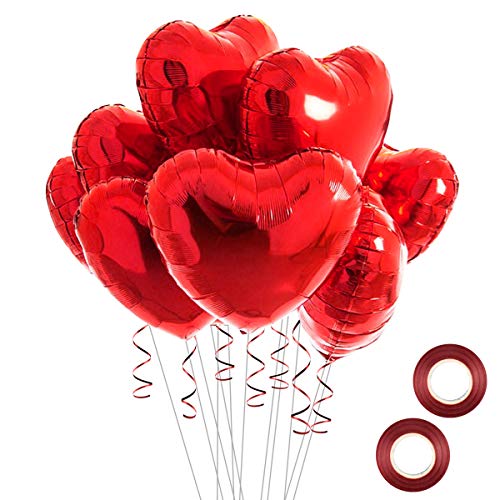 20 Stück Folienballon, Herz Folie Party Luftballons, Heliumballon mit 2 Rollen Bändern, Elegante Luftballons für Hochzeit Brautdusche Geburtstag Valentinstag Dekorationen, 18 Zoll (Rot) von Disino