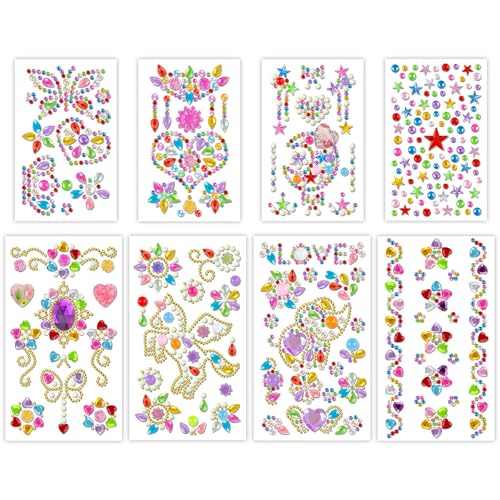 8 Selbstklebende Strasssteine für Kinder - Glitzersteine mit 8 Designs (Einhorn, Blumen, Blätter, Schmetterling) - Acryl Pailletten Sticker zum Basteln, DIY Dekor für Wasserflaschen, Fotorahmen, Party von Disnace