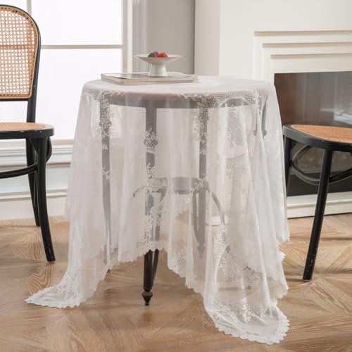 Elegante Weiße Spitzentischdecke mit Floralen Mustern, Tischdecke Bestickte Spitze Rand Transparente Tischabdeckung, Französische Rustikale Bestickte Tischdecke für Hochzeit Party Bankett Empfang von Disnace