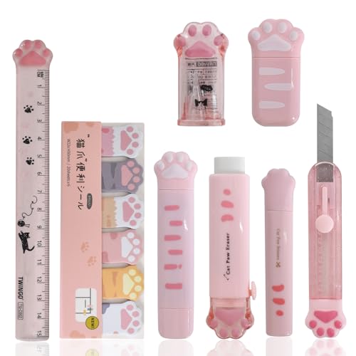 Schreibwaren Set 9 Pc Niedliches Katzenpfoten Briefpapier Set Rosa Cartoon-Bleistiftspitzer, Einziehbarer Radiergummi, Korrektur mit Lineal, Mini-Schere, Haftnotizen für Mädchen Studenten Schreib von Disnace