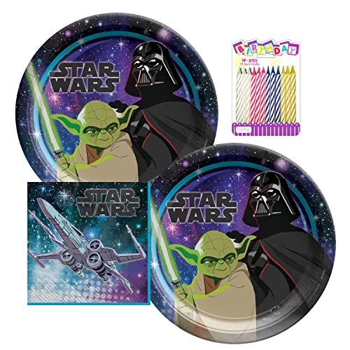 Amscan Star Wars Party Galaxy of Adventures Party Supplies Pack Serves 16: 22,9 cm Teller und Mittagessen Servietten mit LLILYKAI Geburtstagskerzen (Bündel für 16) von Disney