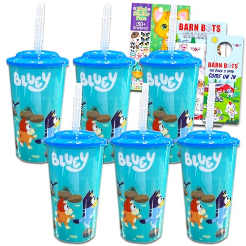 Disney Bluey Wasserflaschen-Set, 473 ml, Set mit 6 blauen, nachfüllbaren Bechern mit Strohhalmen für Schulbedarf, Sport, Partyzubehör, mehr, Blaue Becher für Kleinkinder Geburtstag von Disney