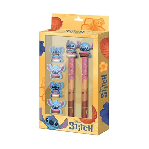 Disney Lilo und Stitch Mix-Set mit Radierbarer Gelstift + Ewiger Bleistift + 4 Radiergummis, Gelb, 14 x 23 cm von Disney