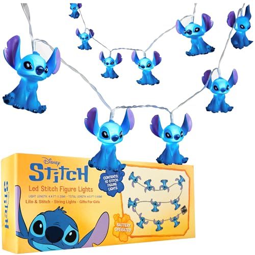 Disney Stitch LED Lichterkette Innen, 10-teilig, Batteriebetrieben, 150cm Deko Lichterkette für Schlafzimmer & Deko von Disney