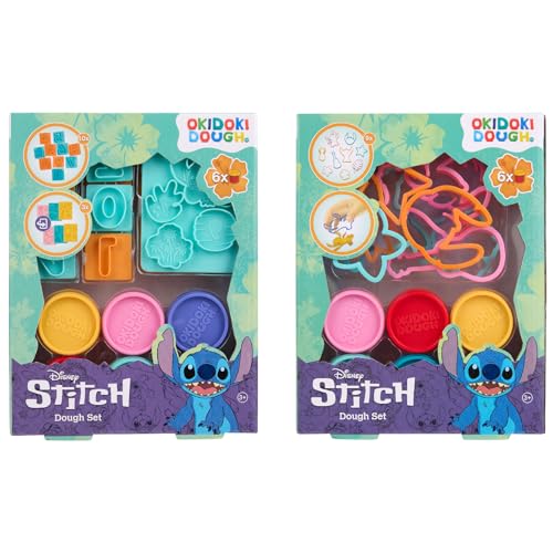 Disney Stitch Okidoki Dough - Kinderknete Set in 2 Varianten – 6 Farben + Zahlen & Stempel ODER Figurenformen – Weiche Modelliermasse, Wiederverwendbar, Kreatives Spielzeug für Kinder (ST60155) von Disney
