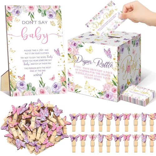 Dispowreath Schmetterlings-Spielzubehör für Babypartys, Gewinnspiele, Tickets mit Windel, Tombola-Karte, Box "Don't Say Baby", Mini-Wäscheklammer, Babyparty, Spieldekoration für Babyparty von Dispowreath
