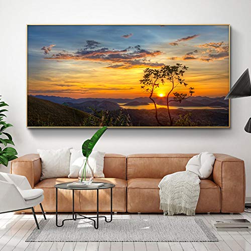 Natur Sonnenuntergang See Baum Landschaft Wandkunst Berg Leinwand Gemälde Poster und Drucke Wandbild für Wohnzimmer 80x160cm Rahmenlos von Dittelle