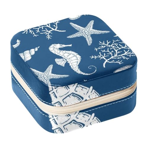 Diusye Kleine Schmuckschatulle für Ringe, Ohrringe, Halsketten, Armbänder, Armreifen, Mini-Reise-Schmuckkästchen, Organizer für Frauen und Mädchen, Geschenke – Seepferdchen, Seestern, Koralle auf Blau Diusye Kleine Schmuckschatulle für Ringe, Ohrringe, Halsketten, Armbänder, Armreifen, Mini-Reise-Schmuckkästchen, Organizer für Frauen und Mädchen, Geschenke – Seepferdchen, Seestern, Koralle auf Blau von Diusye