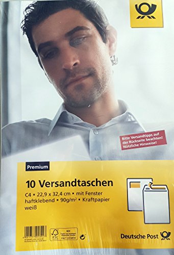 10 Versandtaschen C4 90g/qm Kraftpapier weiß mit Fenster haftklebend von Diverse