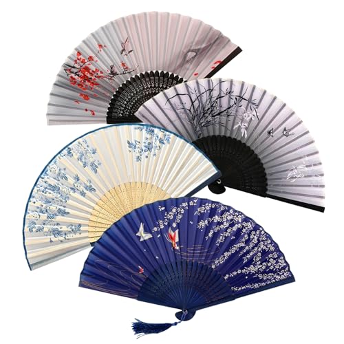 4 Stück Faltbare Fächer Handfächer,Faltbare Fächer Handfächer für eine Abkühlung im Sommer,Chinesischer handfächer Fan Orientalischer Tuch Stoff Fan für Tanz, Party, Hochzeit Geschenke von DiviDermy