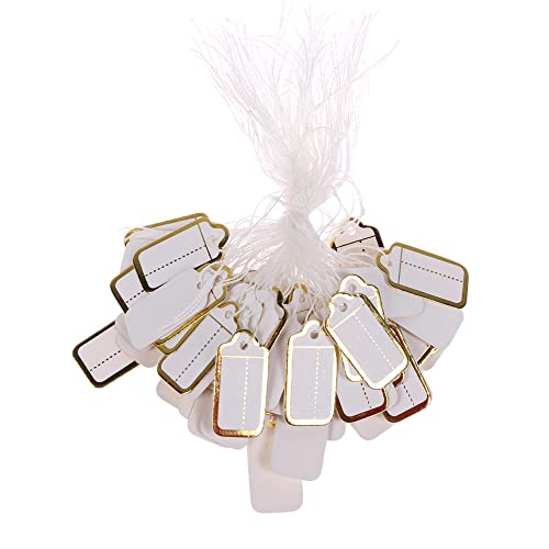 1000 Stück Schmuck-Preisschilder Kleiner Markierungsanhänger mit Schnur zum Aufhängen, Geschenk-Aufhängung, Papier-Etikett, beschreibbar, blanko, Uhren-Anhänger für Geschäft, Gold (Weiß mit Goldrand) von diyfixlcd