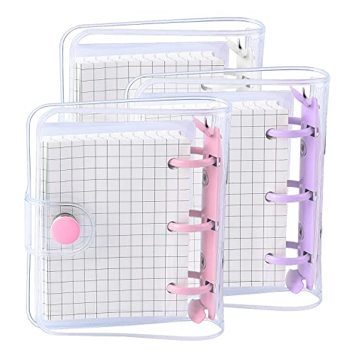 3 Sets Mini Transparent 3 Ringbuchhüllen mit Innentaschen aus Papier, transparent, PVC, Notizbuch, lose Blätter, runde Ringbuch-Taschen (lila, rosa, weiß) von Diyfixlcd