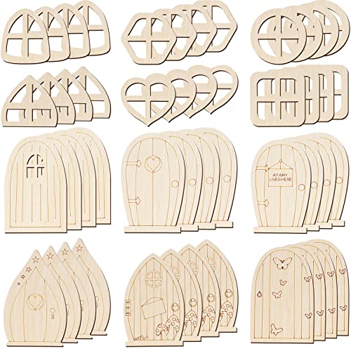 48 Stück Feentür Holz Gartentüren Handwerk Mini Fenster Feenhaus DIY Kit Unfertige Miniatur Tür Unlackiert Fee Fenster Zubehör für Wand Home Party Dekoration (zarter Stil) von diyfixlcd