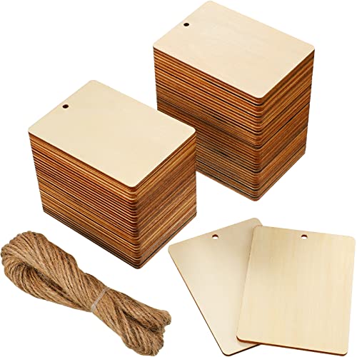 Diyfixlcd 72 Stück 11,9 x 8,4 cm unlackiertes Holzschild unlackiertes Holz Handwerk Blanko Holzanhänger Bastelstücke mit Loch und Seil natürliches Licht Holzausschnitt rechteckig Holzschild für DIY von diyfixlcd