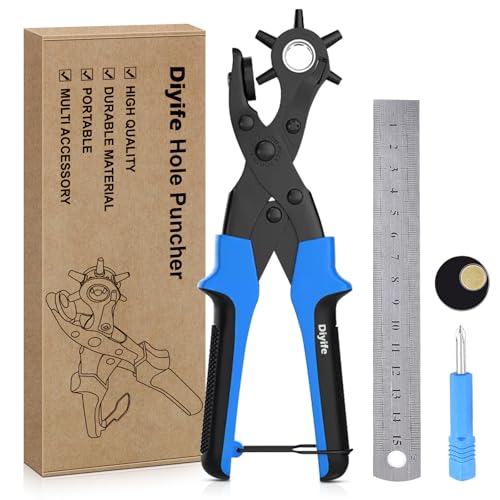 [Volles Set] Leder Locher, Diyife Gürtel Locher, Heavy Duty Revolver Lochzange mit 2 Extra Punch Platten und Lineal, Multi Sized Puncher für Gürtel, Kunsthandwerk, Karte, Gummi, etc. von Diyife