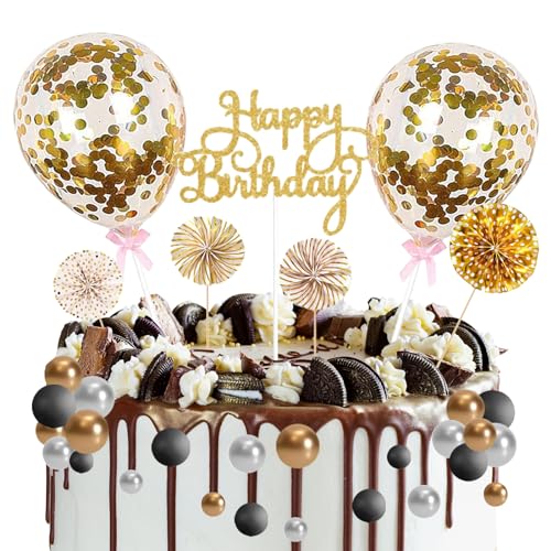 Goldene Tortendeko 31-teilig für Geburtstagstorte - Glitzernde Cake Topper, Cupcake Topper mit Sternen, Konfetti balloon, Luftballons deko und Papierfächern von Diyooisx