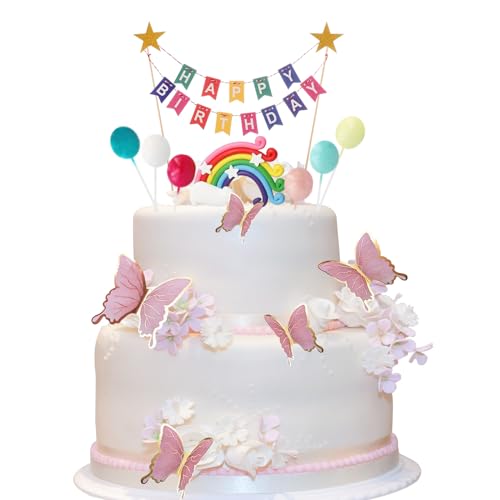 "Happy Birthday" Kuchen Topper Bunting Set mit Regenbogen Dekorationen und bunten Ballon Cupcake Toppers für Kinder Geburtstagsfeier. Enthält Schmetterlings- und Cake-Topper-Deko von Diyooisx