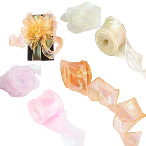 Diyxisk Transparentes Chiffonband, 3 Stücke Schillerndes Schleifenband, 4CM x 9M Organzaband, Glänzend Geschenkband, für Blumenstrauß, Dekoration, Geschenkverpackungen (Rosa, Beige, Orange) von Diyxisk