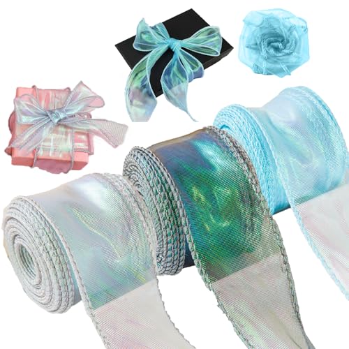 Diyxisk Transparentes Chiffonband, 3 Stücke Schillerndes Schleifenband, 4CM x 9M Organzaband, Glänzend Geschenkband, für Blumenstrauß, Dekoration, Geschenkverpackungen (Silber, Grün, Blau) von Diyxisk