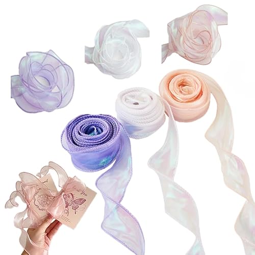 Diyxisk Transparentes Chiffonband, 3 Stücke Schillerndes Schleifenband, 4CM x 9M Organzaband, Glänzend Geschenkband, für Blumenstrauß, Dekoration, Geschenkverpackungen (Weiß, Rosa, Lila) von Diyxisk