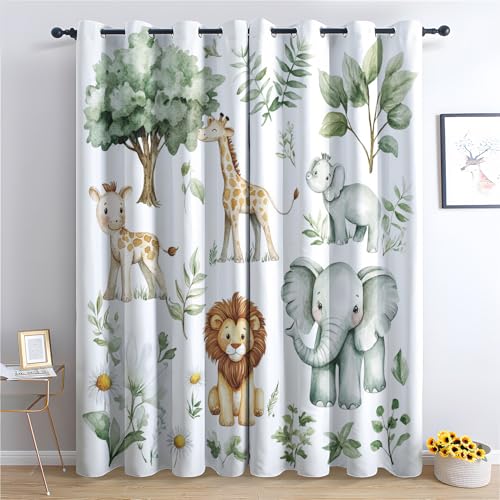 DlaQoryx Blickdichte Vorhänge Safari Tier Vorhang, Thermovorhang Kälteschutz Gardinen Cartoon Giraffen Löwen Elefanten Ösen Verdunkelungsvorhang für Schlafzimmer Wohnzimmer, 229x117 cm(Hxb) 2er Set von DlaQoryx