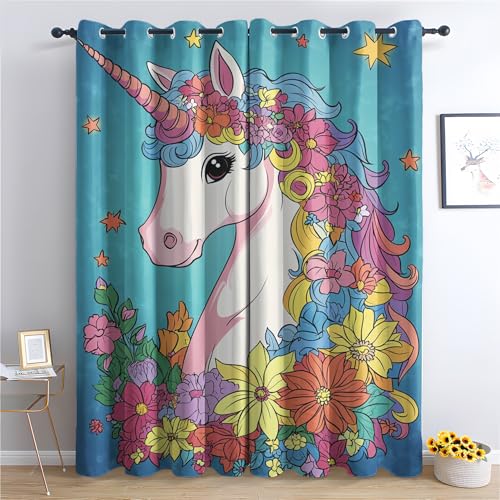 DlaQoryx Cartoon-Einhorn Vorhänge Mit ösen Bunte Blume Sterne Vorhang Verdunkelung, Schlafzimmer Wohnzimmer Deko Gardinen, 245x140 cm(HxB) Thermovorhang 2er Set von DlaQoryx