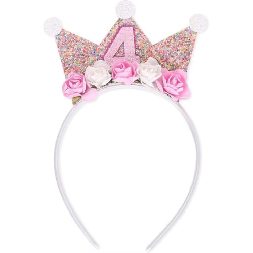 Geburtstagskrone für Kinder, Party-Krone, Hutkappe, 4. Geburtstag, Dekoration, Happy Birthday, Krone, Stirnbänder, Glitzer-Haarband, 4 Jahre alt, Blume, Prinzessin, Tiara, Party-Haarschmuck für Geburtstagskrone für Kinder, Party-Krone, Hutkappe, 4. Geburtstag, Dekoration, Happy Birthday, Krone, Stirnbänder, Glitzer-Haarband, 4 Jahre alt, Blume, Prinzessin, Tiara, Party-Haarschmuck für von Dlicsy