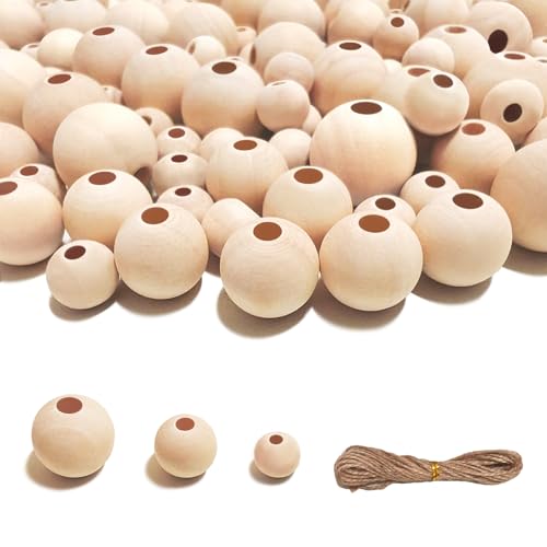 DLUSZERT 300 Stück Holzperlen zum Auffädeln, 10mm 14mm 18mm Holzkugeln mit Loch, Natur Holzperlen zum Basteln, Runde Holz Perlen für Schmuck DIY Armband Handwerk Weihnachtsperlen von Dluszert