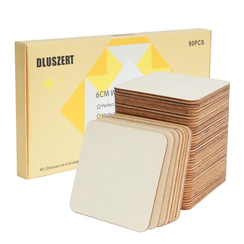 DLUSZERT 90 Stück 6cm Quadratische Holzplatten zum Basteln, Natur Quadrate Holzscheiben Baumscheiben zum Malen, Holz Etiketten Quadrate Holz Log Scheiben für DIY Hochzeit Dekoration Handwerk von Dluszert