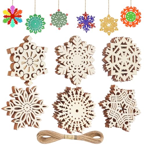 Dluszert 36 Stück 7.5CM Schneeflocken aus Holz, 6 Design Weihnachten Holzanhänger, Schneeflocke Christbaumschmuck Holz mit 10M Schnur, Weihnachtsanhänger für Weihnachtsbaumschmuck Weihnachtsdeko von Dluszert